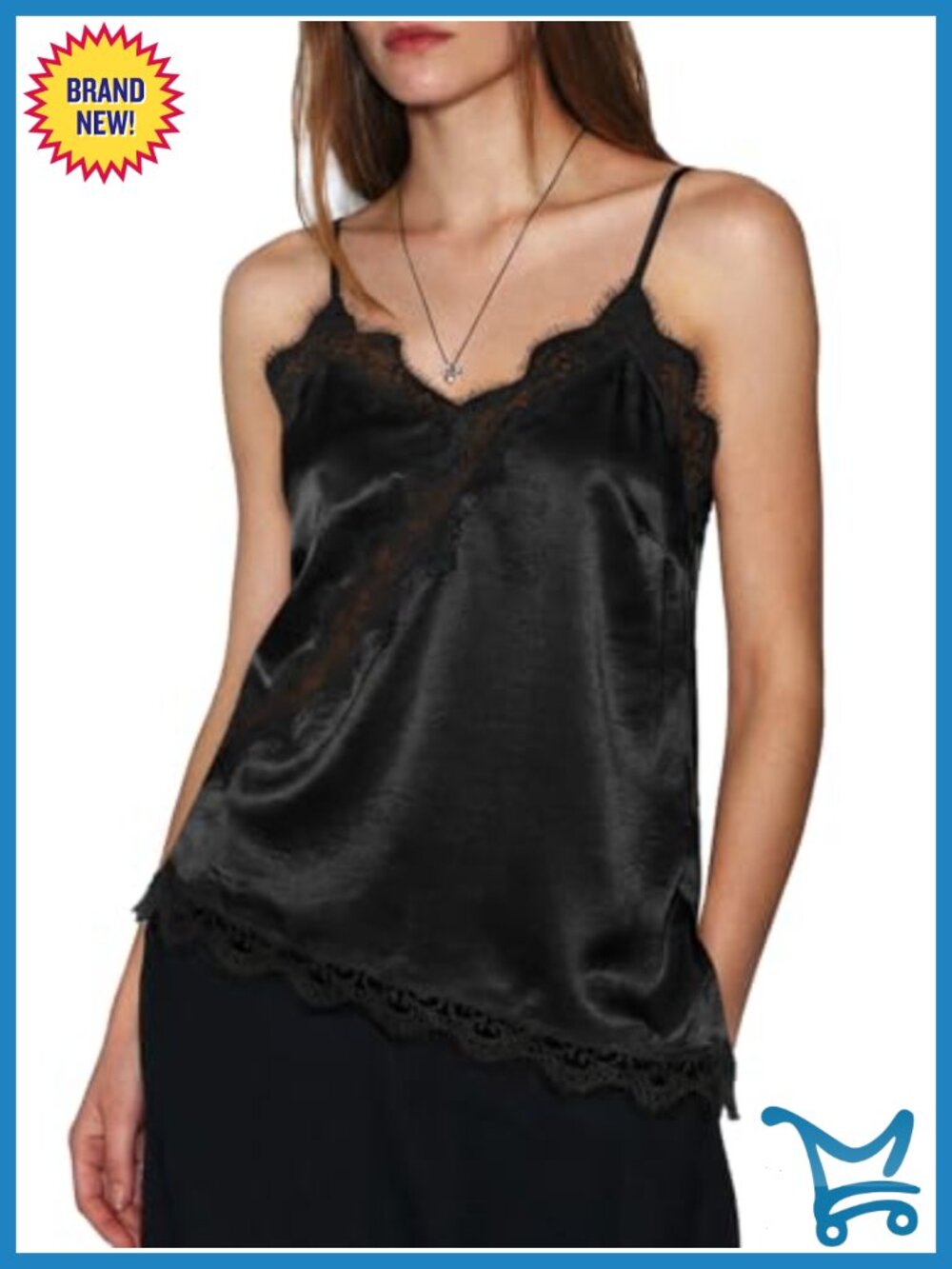 Satin Lace Trim V-Neck Asymmetrical Camisole Spaghetti Strap Backless Top
